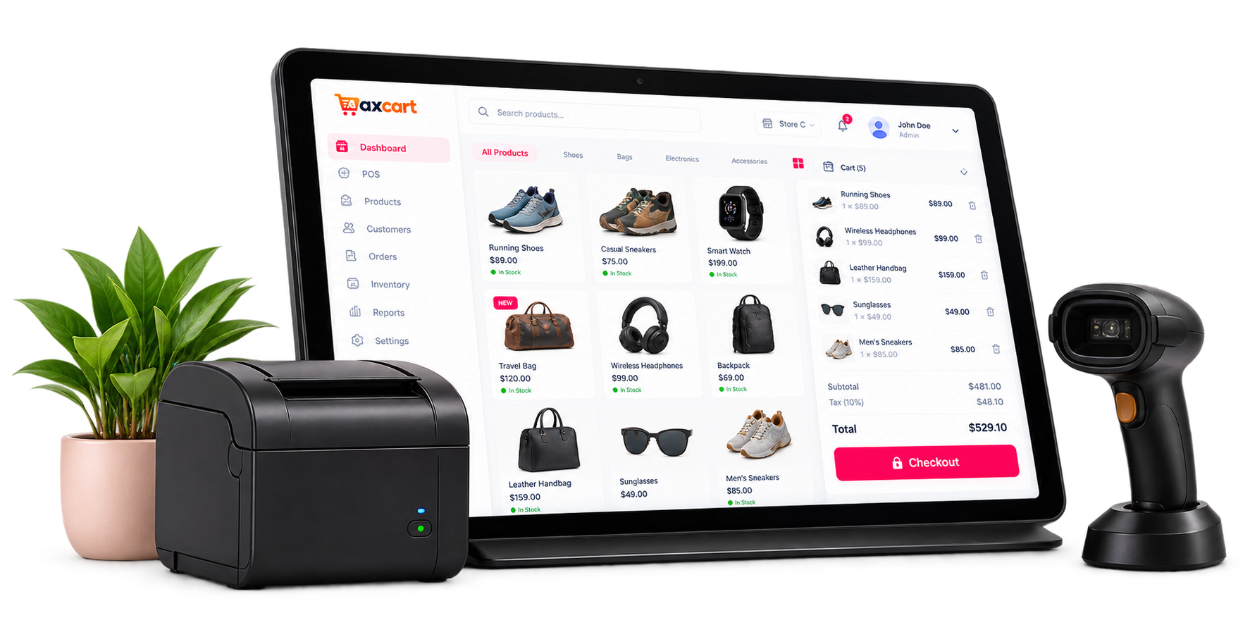 AxCart POS terminal with a receipt printer and barcode scanner