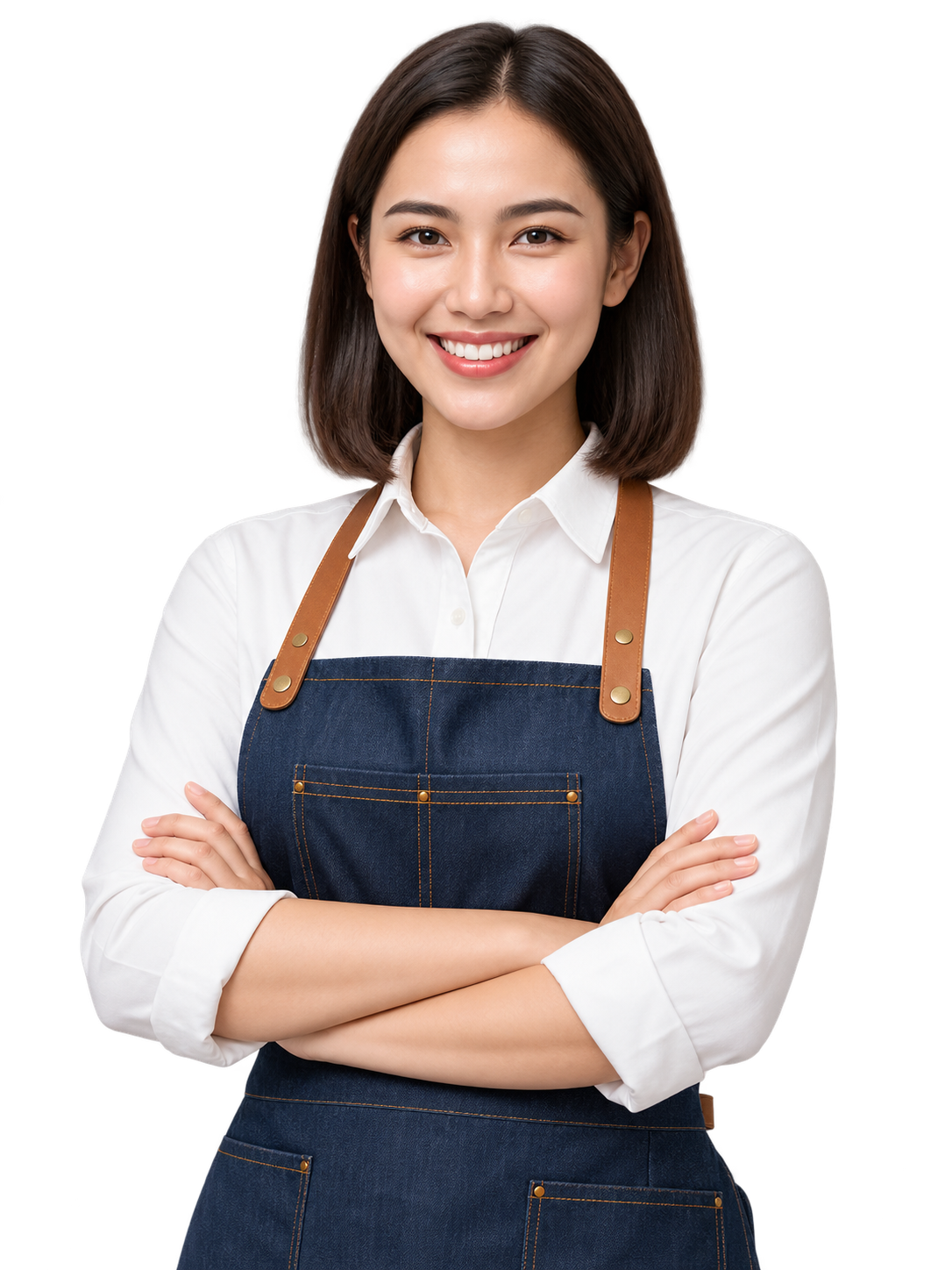 Smiling shop owner wearing a white shirt and navy apron